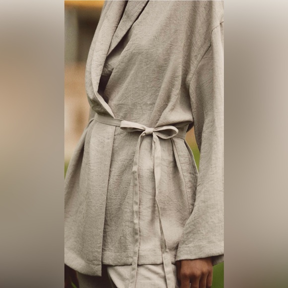 Zara Belted Textured Women's Long Sleeve Kimono Jacket In Beige/Tan Size M/L NWT - Picture 5 of 16